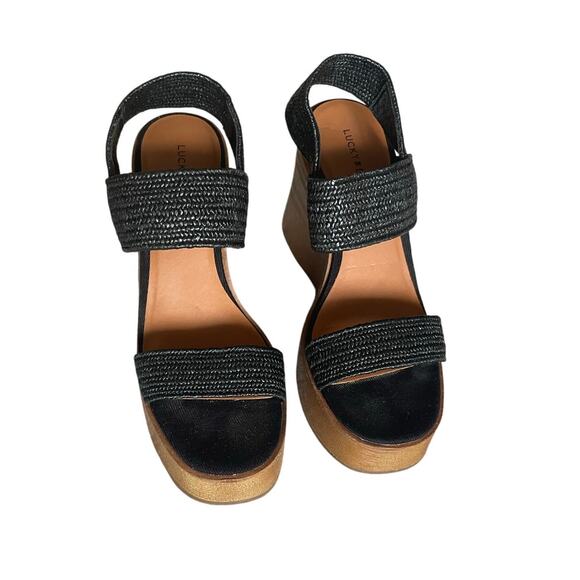 Lucky Brand Womens/Teen Black Sandals Size 6.5M Slip on open toe Platform Wedge - Picture 9 of 9